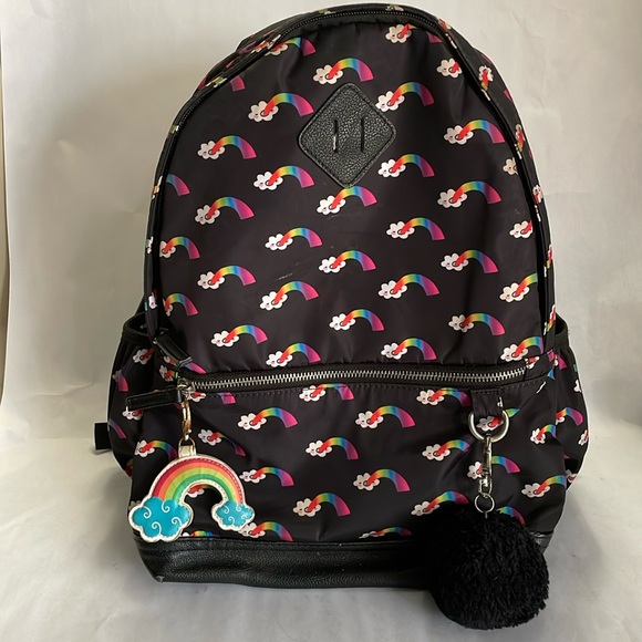 Black Backpack w/ Two Compartments for Books/Laptop, Rainbow/Cloud Pattern - Picture 1 of 13